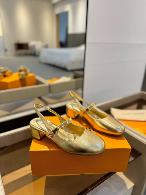 LV Romy Slingback Pumps Gold Metallic Leather 893593