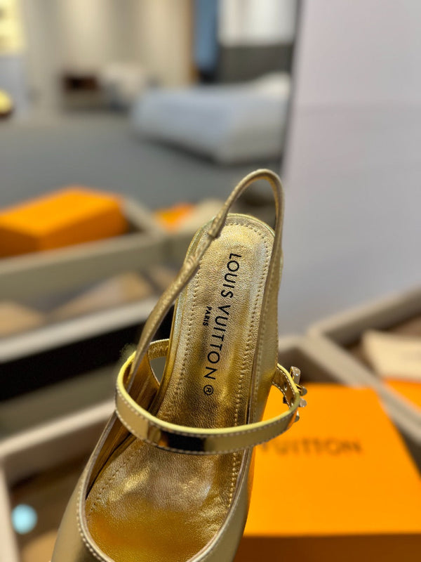 LV Romy Slingback Pumps Gold Metallic Leather 893593