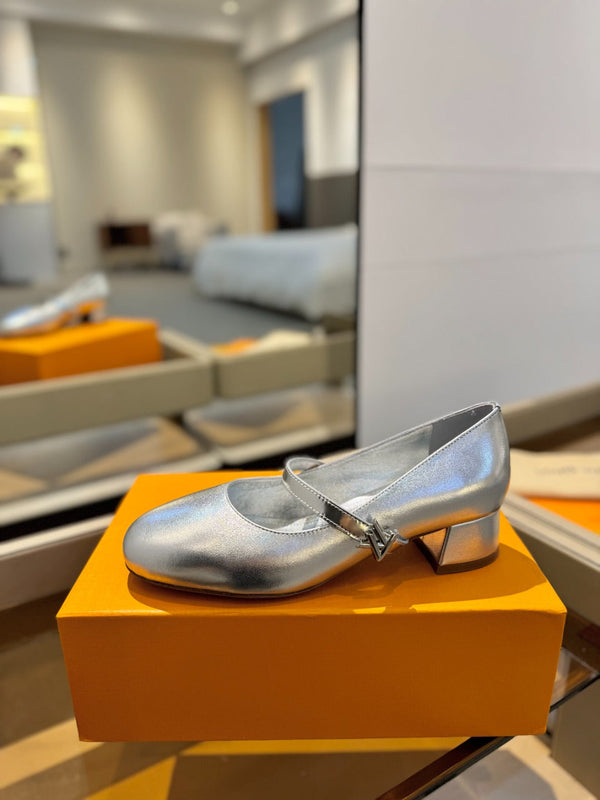 LV Romy Mary Jane Pumps Silver Metallic Leather 893579