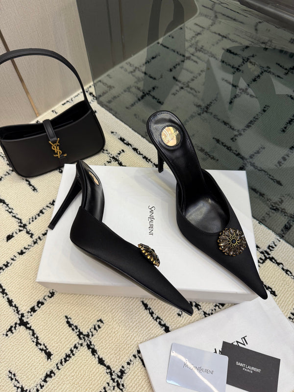 YSL Cosmo Crystal Mules 100mm Black Calfskin Leather 894619