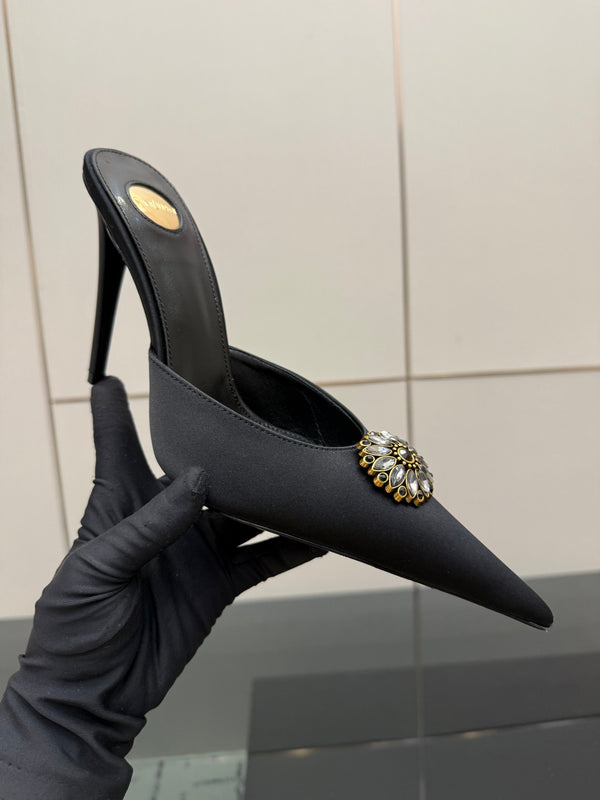 YSL Cosmo Crystal Mules 100mm Black Calfskin Leather 894619