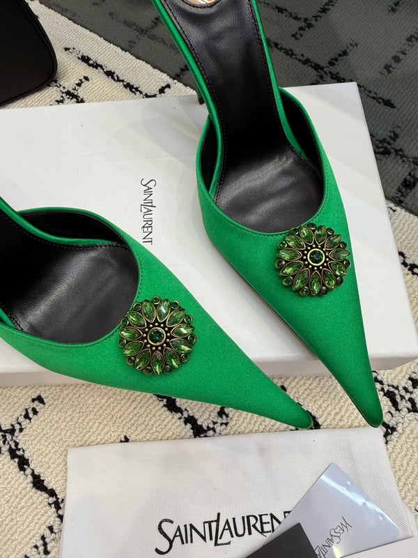 YSL Cosmo Crystal Mules 100mm Green Calfskin Leather 894617
