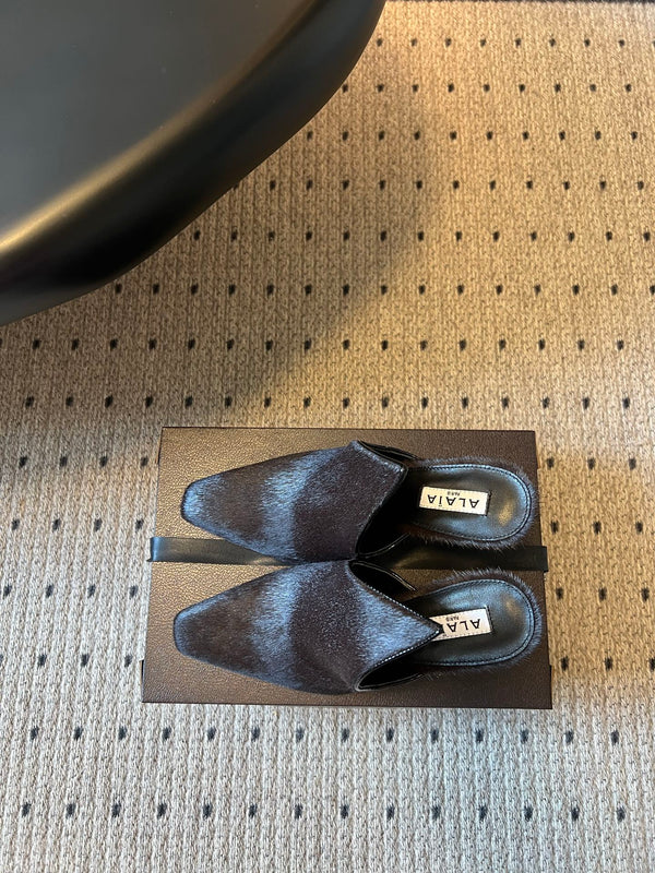 Alaia 26ss Pointed Toe Mules 10cm Black Pony Hair
