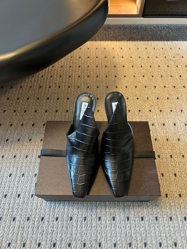 Alaia Croc-Embossed Pointed Toe Mules 10cm Black Cowhide