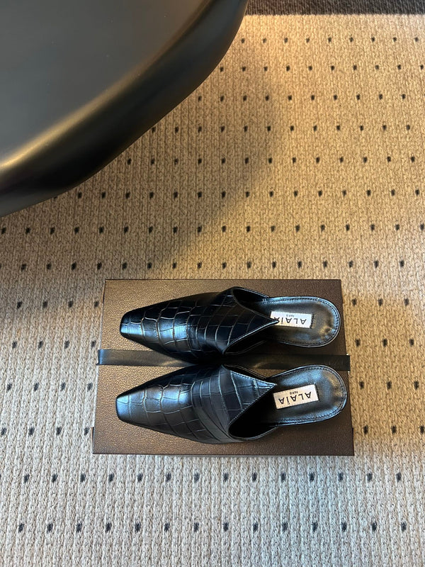 Alaia Croc-Embossed Pointed Toe Mules 10cm Black Cowhide