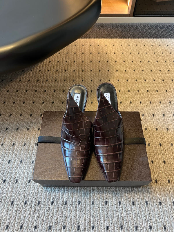 Alaia Croc-Embossed Pointed Toe Mules 10cm Chocolate Cowhide