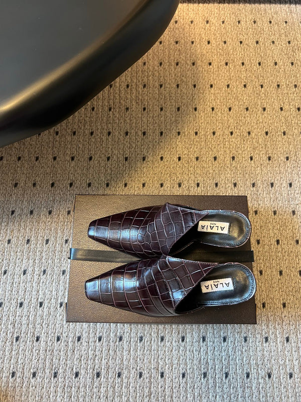 Alaia Croc-Embossed Pointed Toe Mules 10cm Chocolate Cowhide