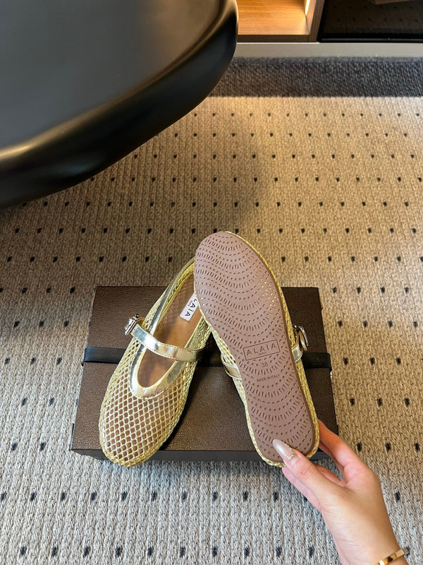 Alaia 26ss Fishnet Ballet Flats Metallic Patent Leather