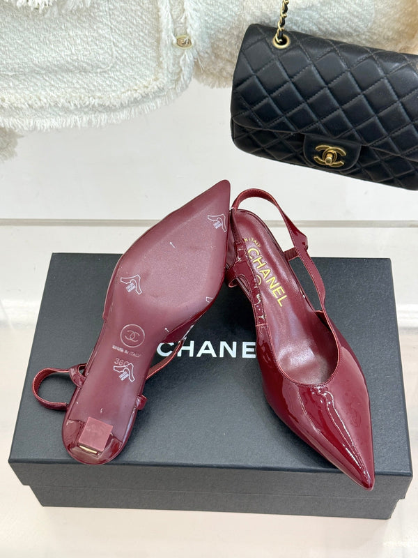 CC 26A Pointed Toe Slingback Pumps Burgundy Patent Cowhide 904667