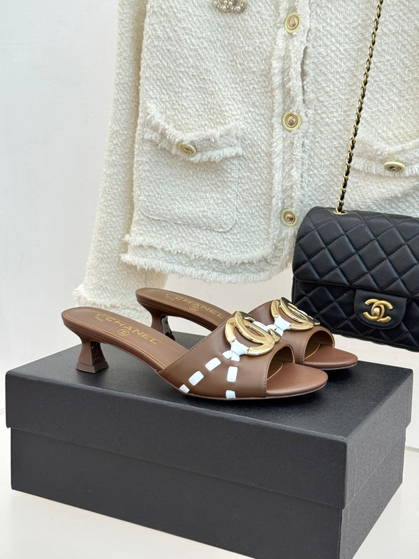 CC Flared Heel Mules Brown Lambskin Leather 904664