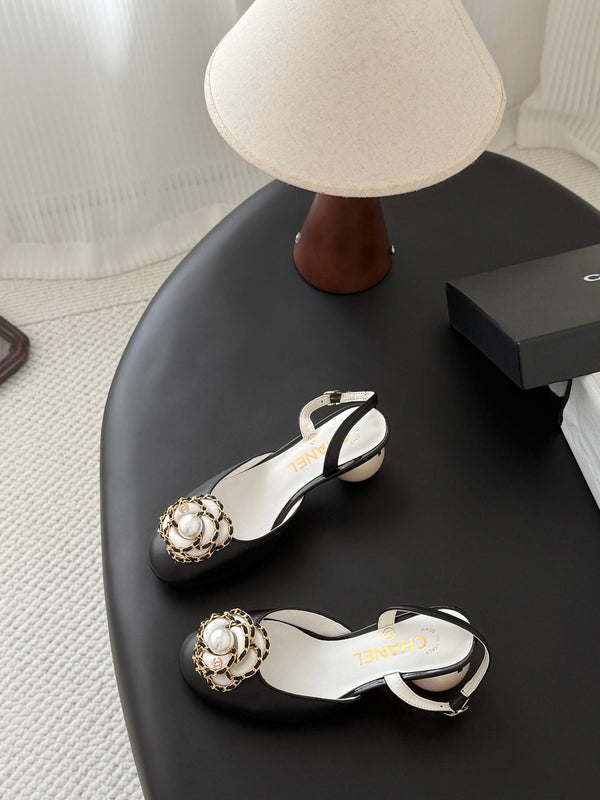 CC Pearl Heel Camellia Slingback Sandals Black Leather 915120