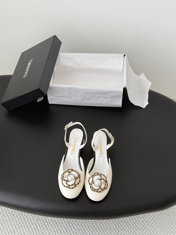 CC Pearl Heel Camellia Slingback Sandals White Leather 915119