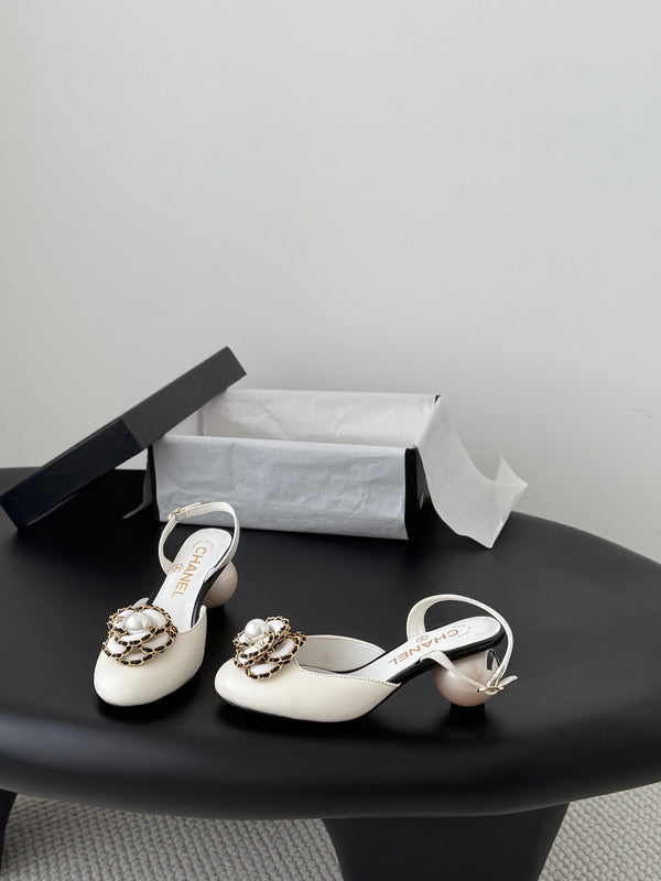 CC Pearl Heel Camellia Slingback Sandals White Leather 915119
