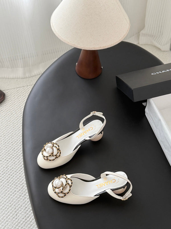 CC Pearl Heel Camellia Slingback Sandals White Leather 915119