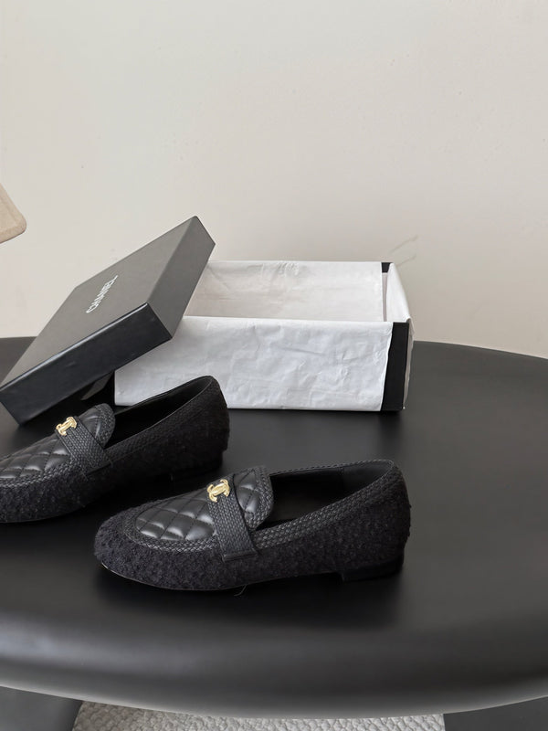 CC Quilted Logo Loafers Black Tweed & Leather 914188