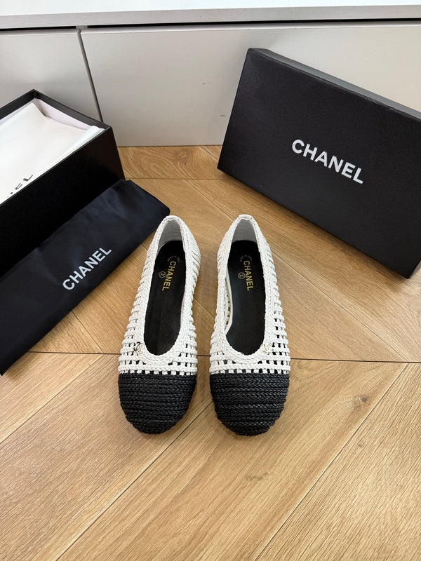 CC Braided Ballet Flats Black White Fabric 916121