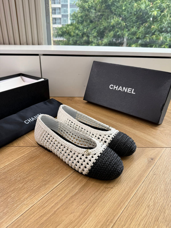 CC Braided Ballet Flats Black White Fabric 916121