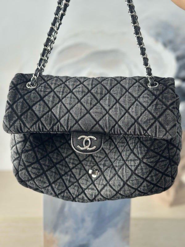 CC Quilted 32cm Maxi Flap Bag Grey Imported Denim Jeans 162941