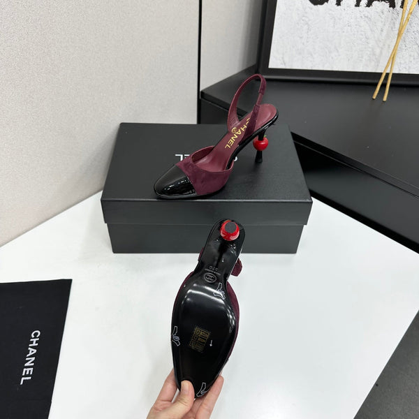 CC Métiers d'Art Apple Heel Slingback Pumps Burgundy Black Suede Leather 944648