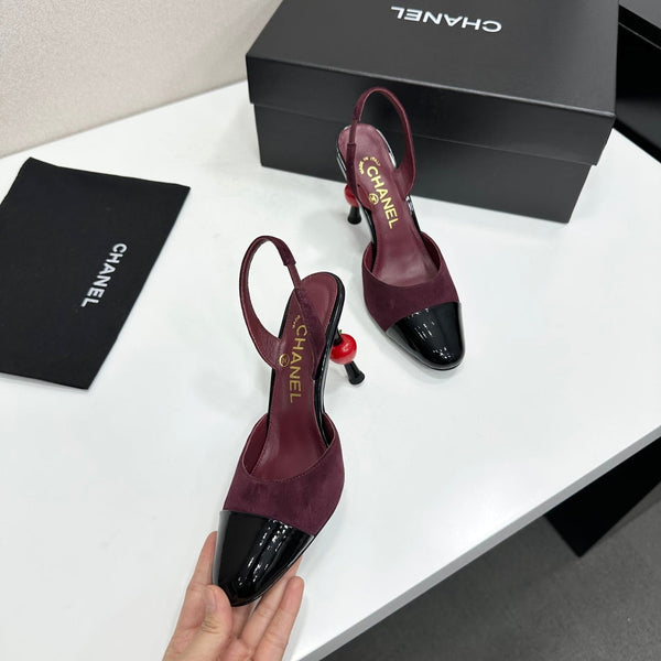 CC Métiers d'Art Apple Heel Slingback Pumps Burgundy Black Suede Leather 944648
