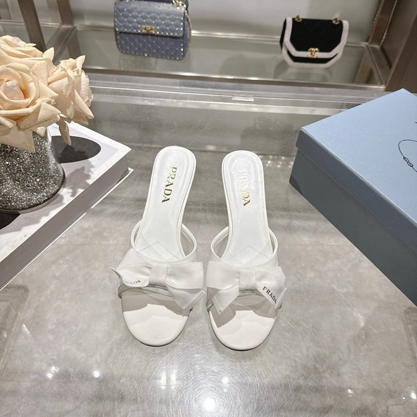 Prad Bow-Detail Kitten Heel Mules 7.5CM White Leather 951940