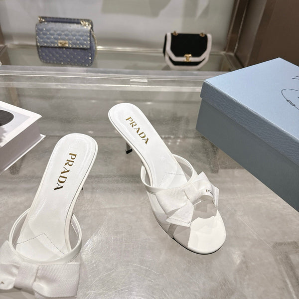 Prad Bow-Detail Kitten Heel Mules 7.5CM White Leather 951940