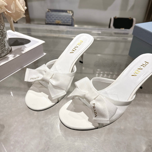 Prad Bow-Detail Kitten Heel Mules 7.5CM White Leather 951940