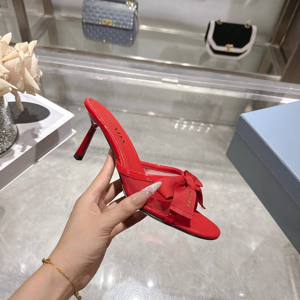 Prad Bow-Detail Kitten Heel Mules 7.5CM Red Leather 951939