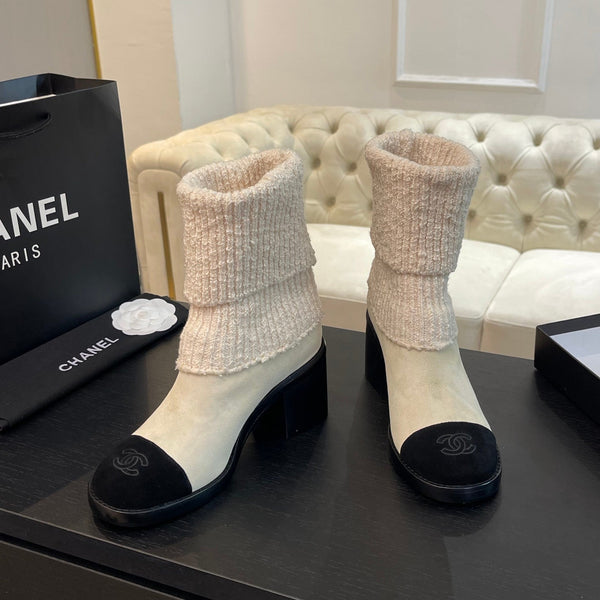 CC Sock Ankle Boots Block Heel 6cm Cream Black Suede Knit 958124