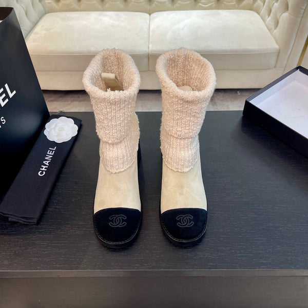 CC Sock Ankle Boots Block Heel 6cm Cream Black Suede Knit 958124