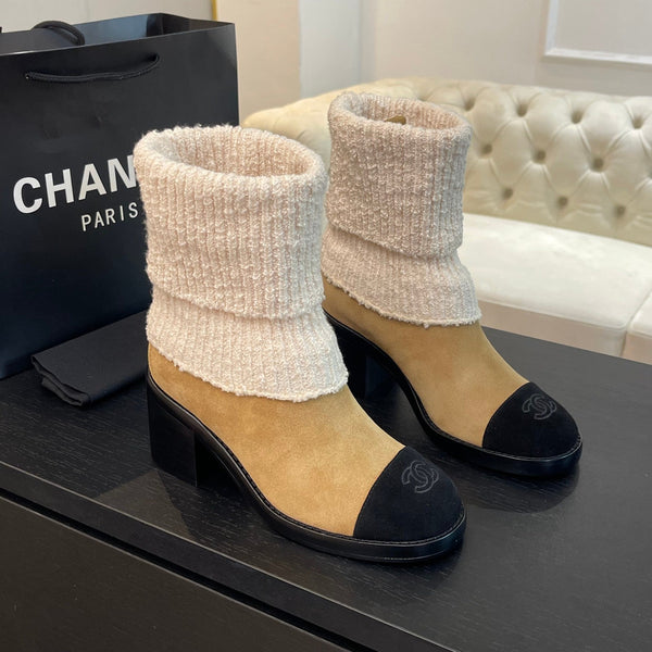 CC Sock Ankle Boots Block Heel 6cm Beige Black Suede Knit 958123