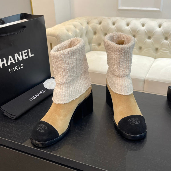 CC Sock Ankle Boots Block Heel 6cm Beige Black Suede Knit 958123