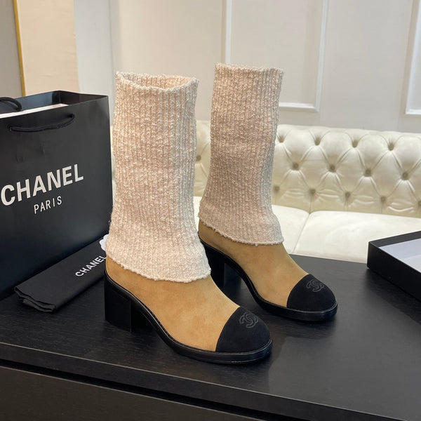 CC Sock Ankle Boots Block Heel 6cm Beige Black Suede Knit 958123