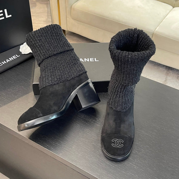 CC Sock Ankle Boots Block Heel 6cm Black Suede Knit 958122
