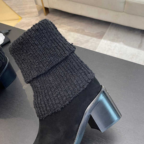 CC Sock Ankle Boots Block Heel 6cm Black Suede Knit 958122