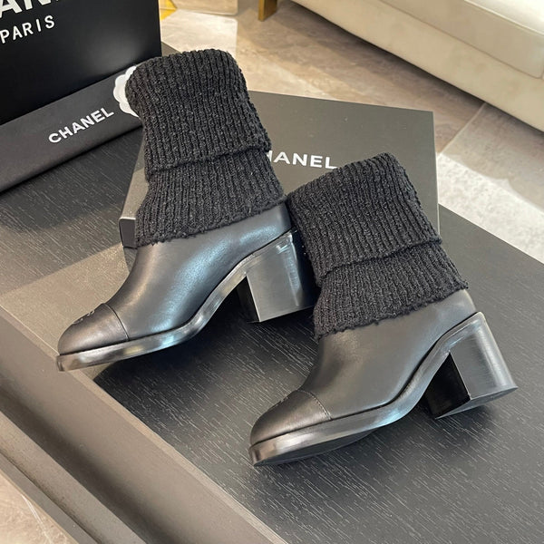 CC Sock Ankle Boots Block Heel 6cm Black Suede Leather 958121
