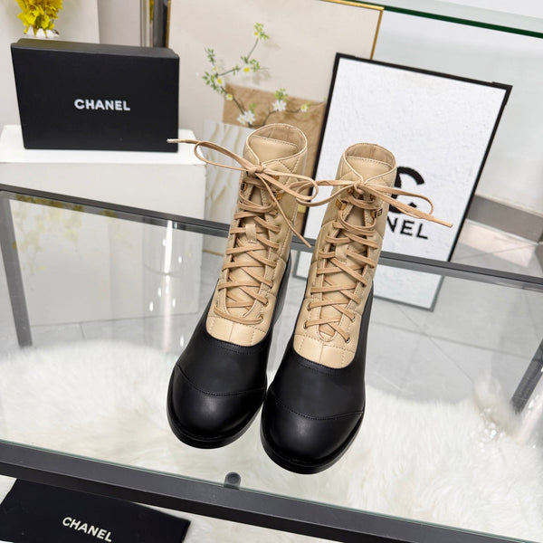 CC Lace-Up Ankle Boots 5CM Beige Black Quilted Leather 958902