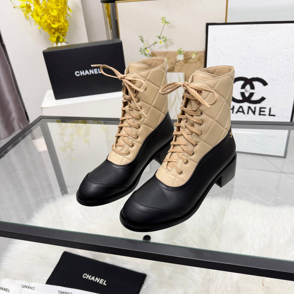 CC Lace-Up Ankle Boots 5CM Beige Black Quilted Leather 958902