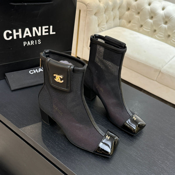 CC Ankle Boots White Square Toe Black Mesh Patent Leather 958069