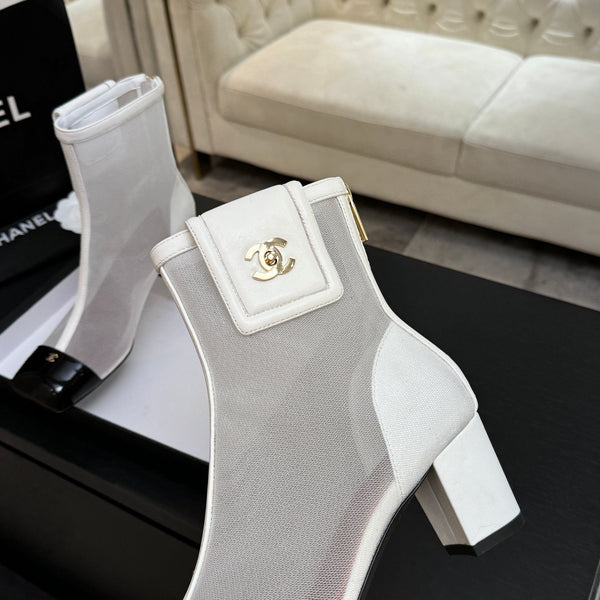 CC Ankle Boots White Square Toe White Black Mesh Patent Leather 958068