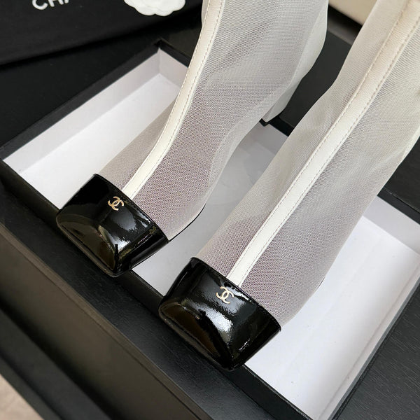 CC Ankle Boots White Square Toe White Black Mesh Patent Leather 958068