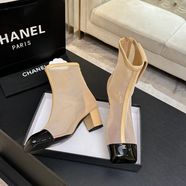 CC Ankle Boots White Square Toe Beige Black Mesh Patent Leather 958066