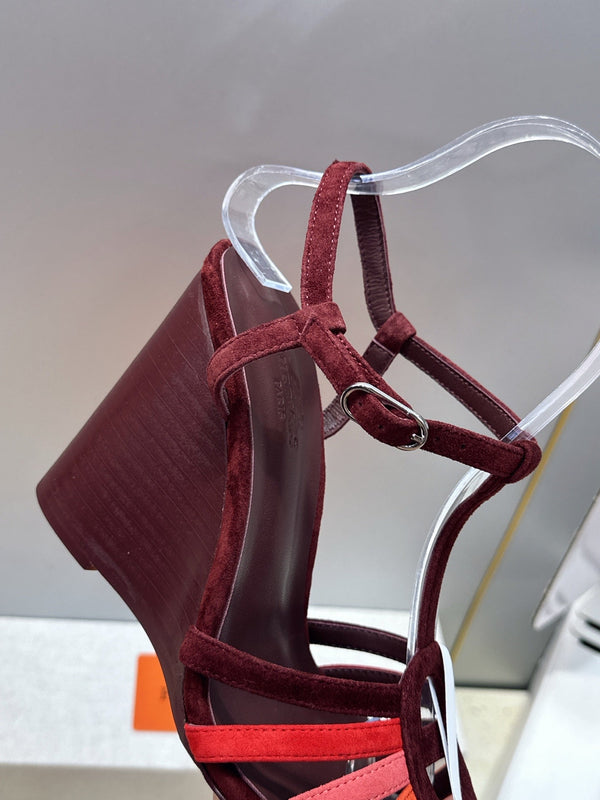 HM Wedge Sandals 10.5CM Burgundy Multicolor Suede 959361