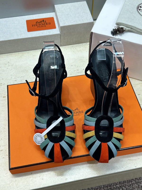 HM Wedge Sandals 10.5CM Black Multicolor Suede 959360