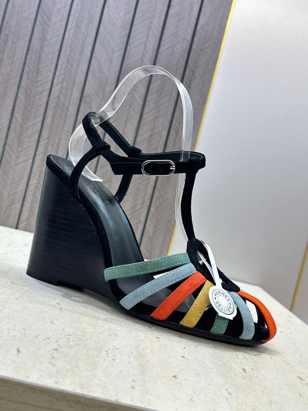 HM Wedge Sandals 10.5CM Black Multicolor Suede 959360