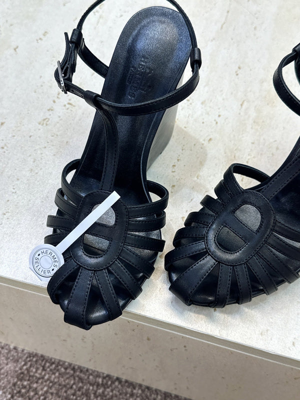 HM Wedge Sandals 10.5CM Black Leather 959357