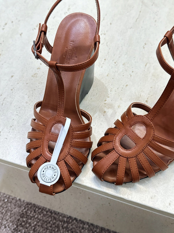 HM Wedge Sandals 10.5CM Brown Leather 959355