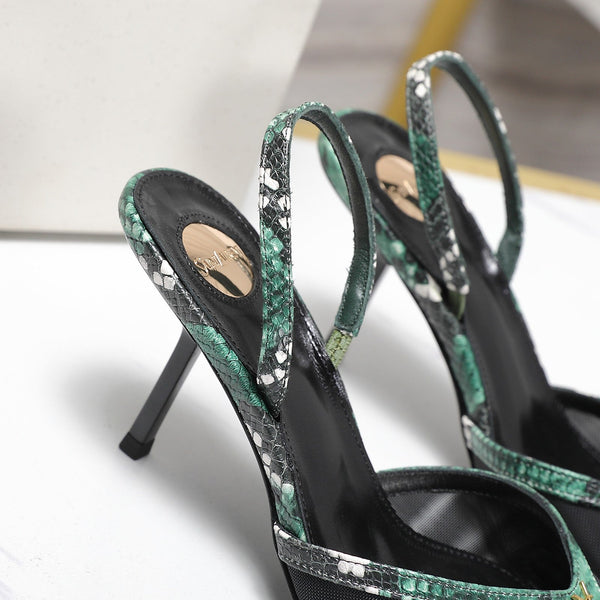 YSL Folie Slingback Pumps 6.5cm Black Mesh Green Leather 961602