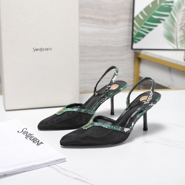 YSL Folie Slingback Pumps 6.5cm Black Mesh Green Leather 961602