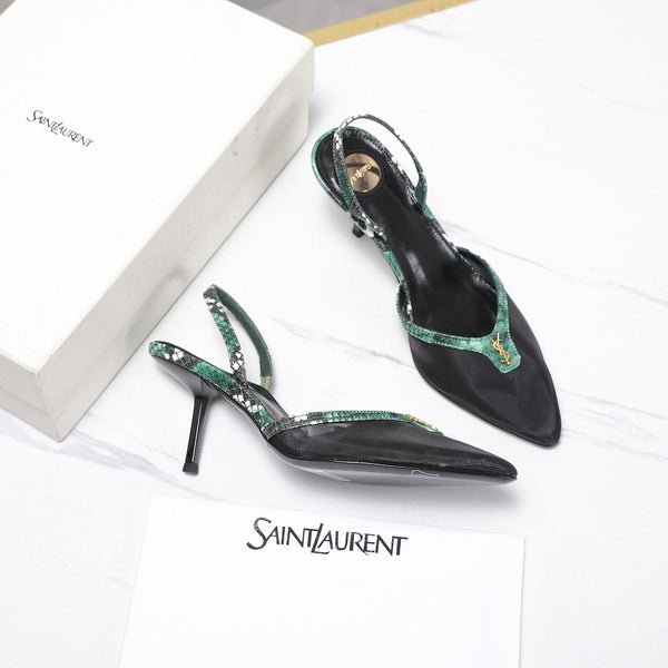 YSL Folie Slingback Pumps 6.5cm Black Mesh Green Leather 961602